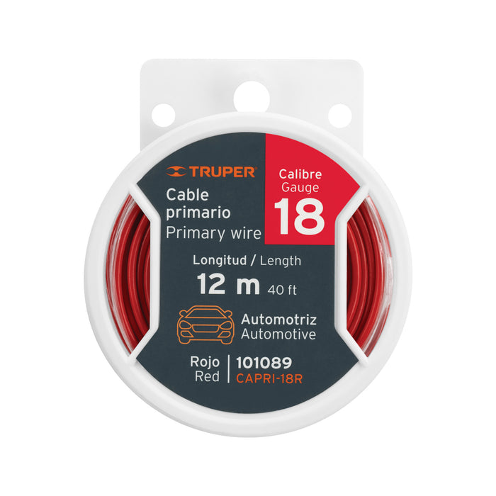 Carrete con 12 m de cable primario rojo calibre 18, Truper 101089 CAPRI-18R