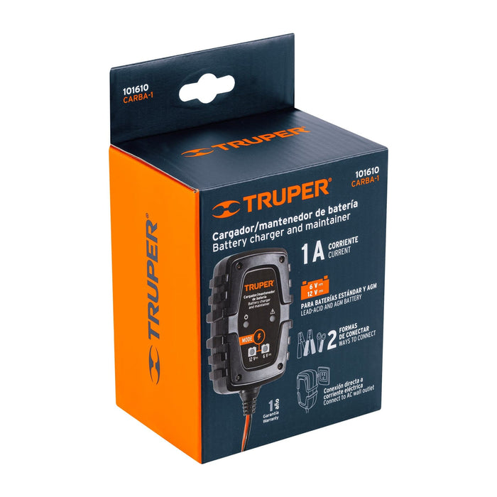 Cargador de 1 A para baterías de 6 y 12V, Truper 101610 CARBA-1