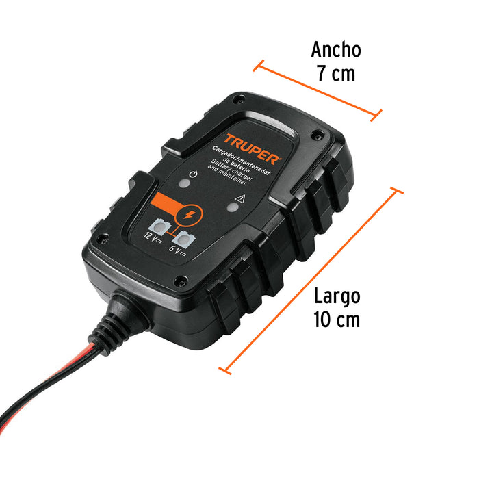 Cargador de 1 A para baterías de 6 y 12V, Truper 101610 CARBA-1