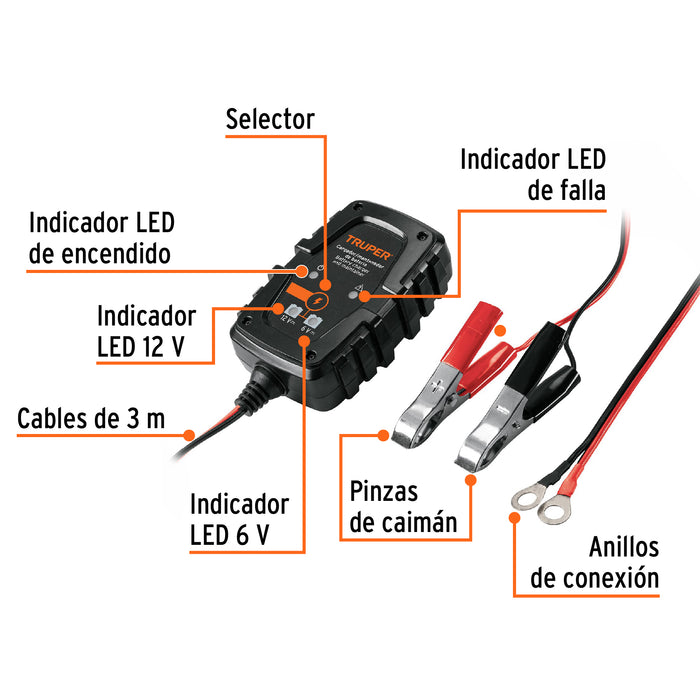 Cargador de 1 A para baterías de 6 y 12V, Truper 101610 CARBA-1