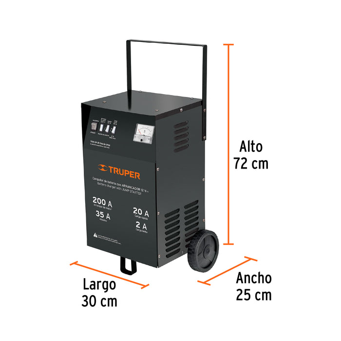 Cargador de 200 A para baterías de 12 V, con ruedas, Truper 13029 CARBA-200