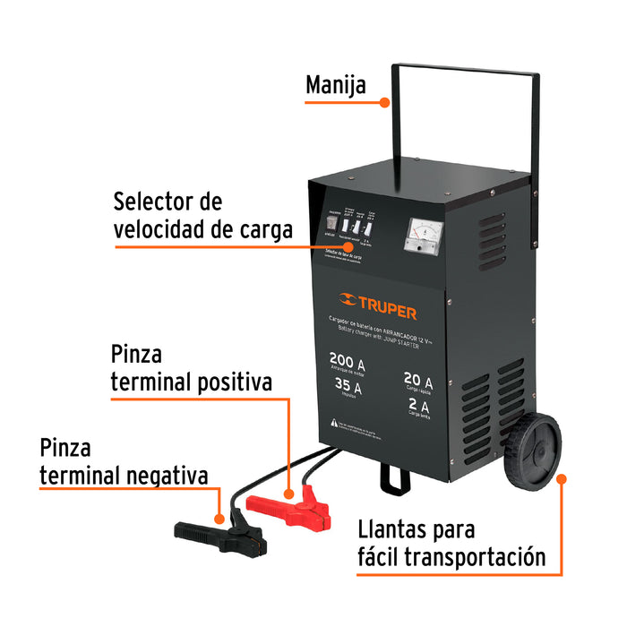 Cargador de 200 A para baterías de 12 V, con ruedas, Truper 13029 CARBA-200