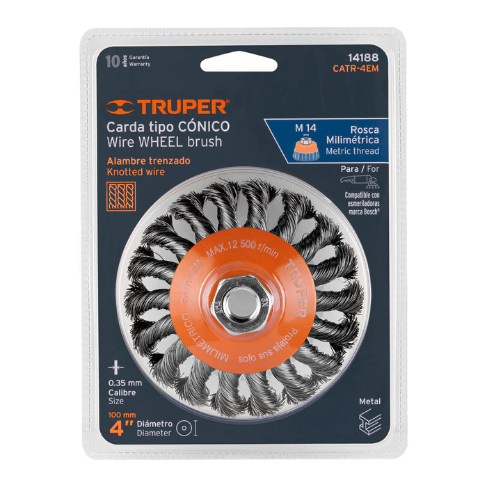 Carda tipo cónico 4' alambre trenzado, eje M14, Truper 14188 CATR-4EM