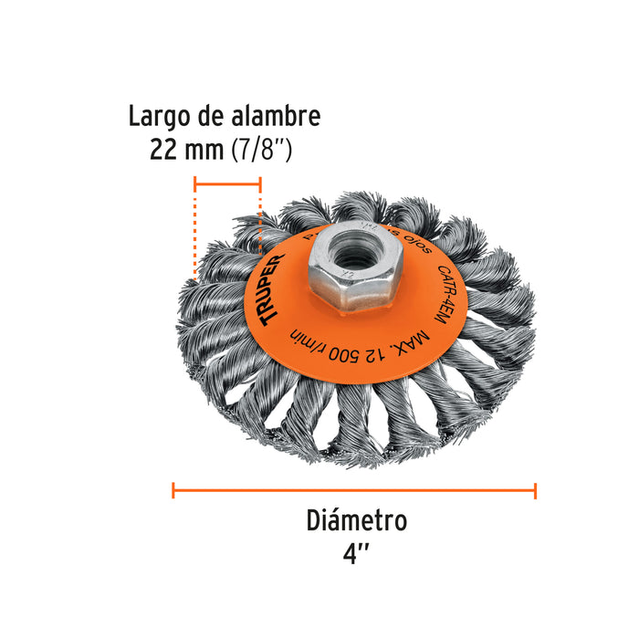 Carda tipo cónico 4' alambre trenzado, eje M14, Truper 14188 CATR-4EM