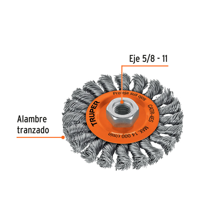 Carda circular 4' alambre trenzado, eje 5/8'-11, Truper 17527 CATR-4ES
