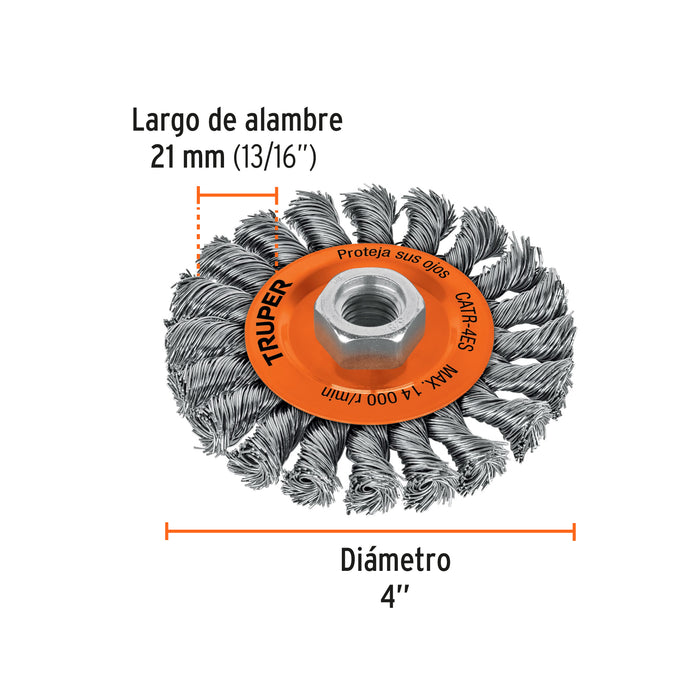 Carda tipo cónico 4' alambre trenzado, eje 5/8'-11, Truper 14190 CATR-4E