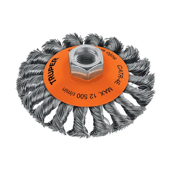 Carda tipo cónico 4' alambre trenzado, eje 5/8'-11, Truper 14190 CATR-4E