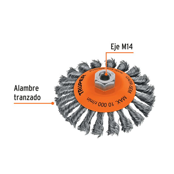 Carda tipo cónico 5' alambre trenzado, eje M14, Truper 14189 CATR-5EM