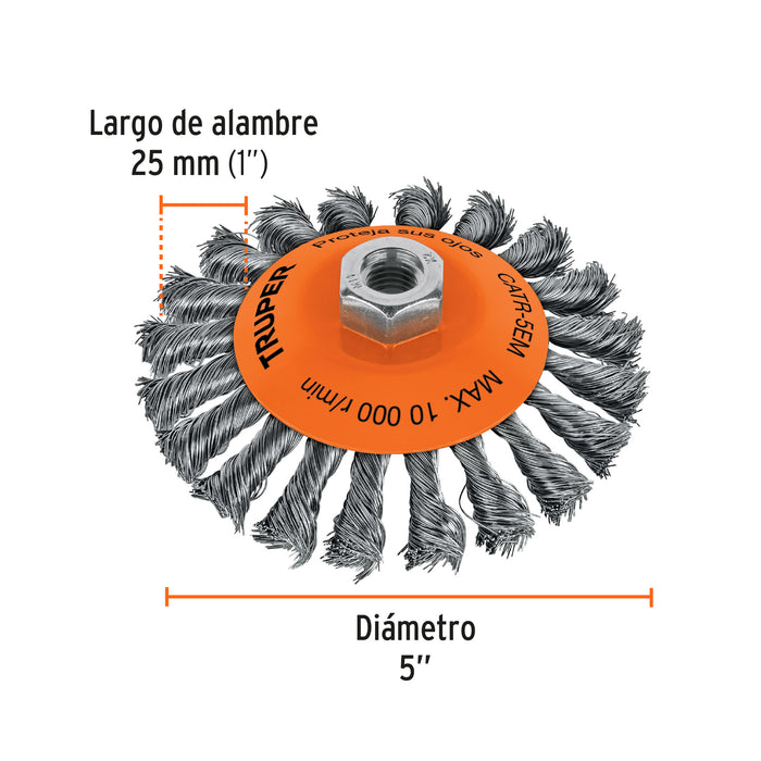 Carda tipo cónico 5' alambre trenzado, eje M14, Truper 14189 CATR-5EM