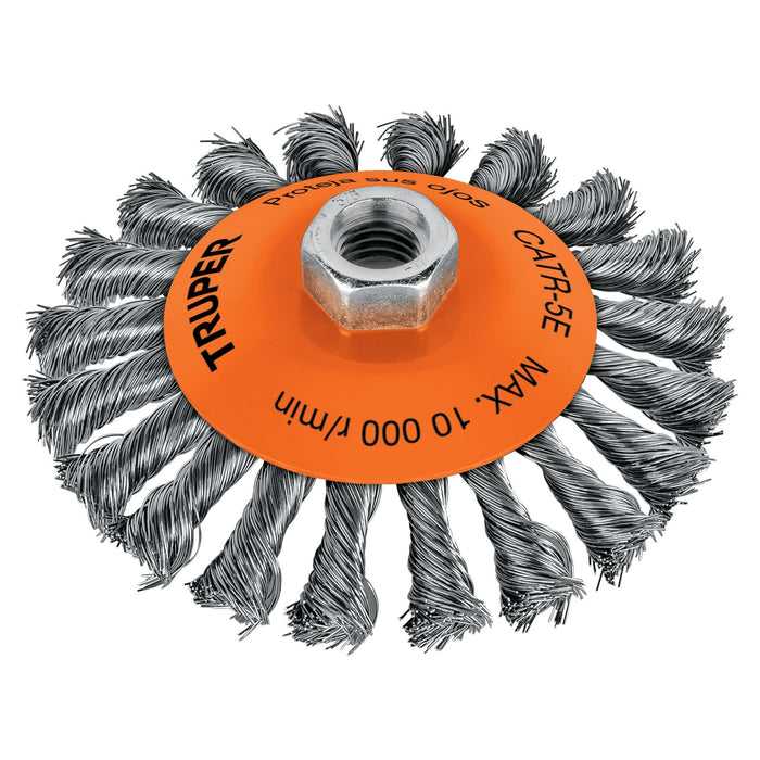 Carda tipo cónico 5' alambre trenzado, eje 5/8'-11, Truper 14191 CATR-5E