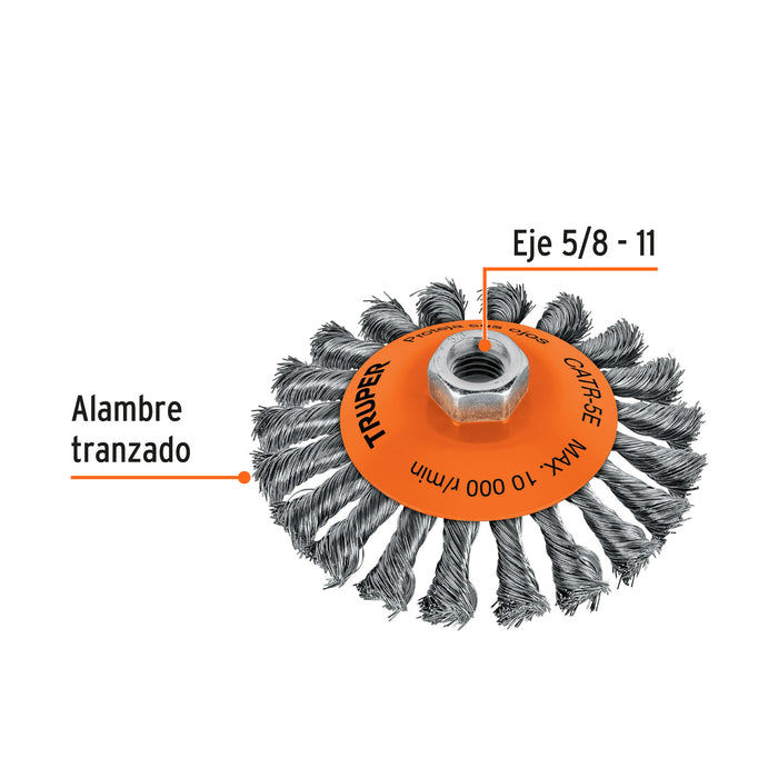 Carda tipo cónico 5' alambre trenzado, eje 5/8'-11, Truper 14191 CATR-5E