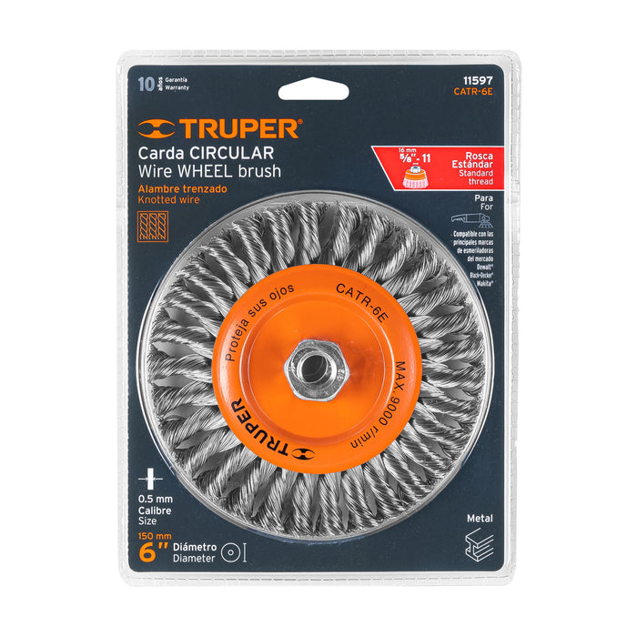 Carda circular 6' alambre trenzado, eje 5/8'-11, Truper 11597 CATR-6E