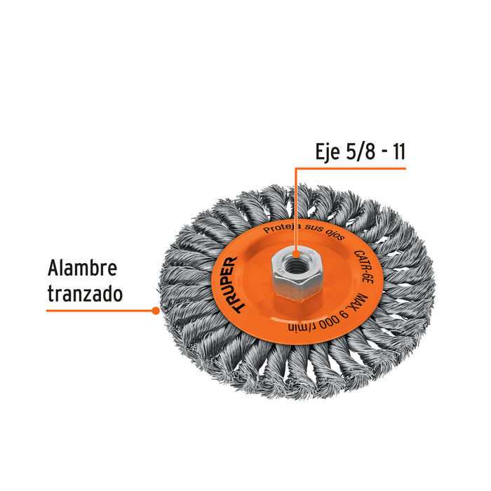 Carda circular 6' alambre trenzado, eje 5/8'-11, Truper 11597 CATR-6E