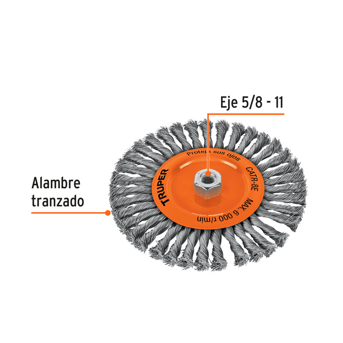 Carda circular 8' alambre trenzado, eje 5/8'-11, Truper 17528 CATR-8E