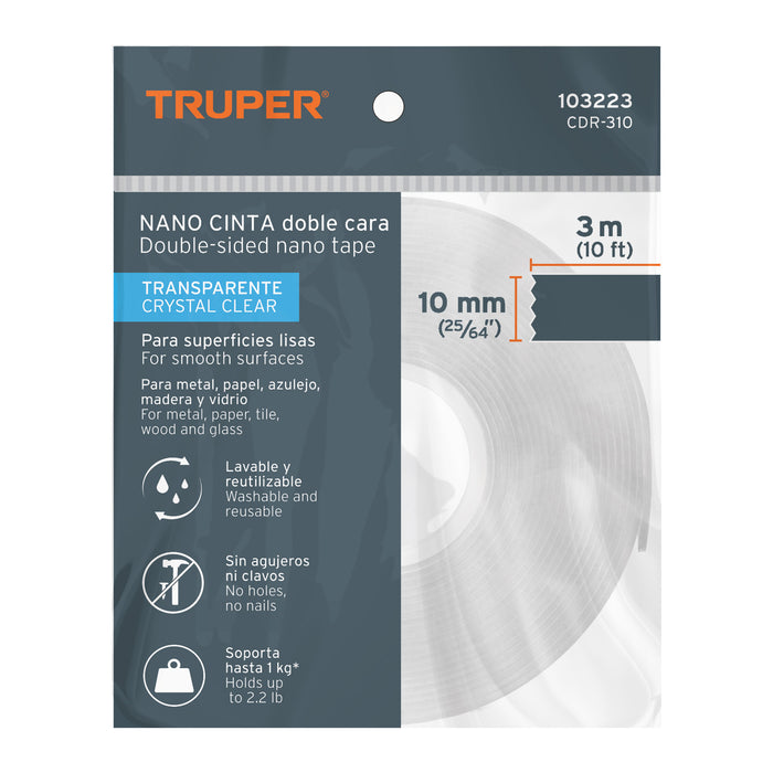 Cinta doble cara reutilizable, transparente 3mx10mm, Truper 103223 CDR-310