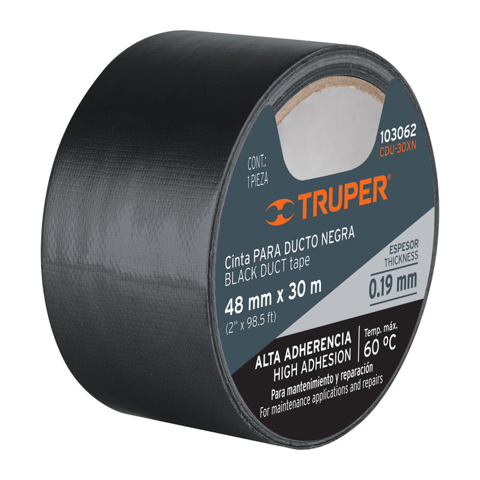 Cinta negra para ducto 30m x 48mm, espesor 0.19mm, Truper 103062 CDU-30XN