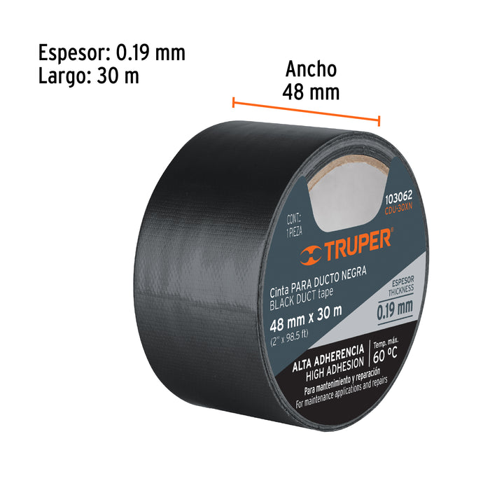 Cinta negra para ducto 30m x 48mm, espesor 0.19mm, Truper 103062 CDU-30XN