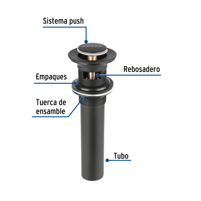 Contra p/lavabo, 1-1/4', con rebosadero, push, latón, negro 47981