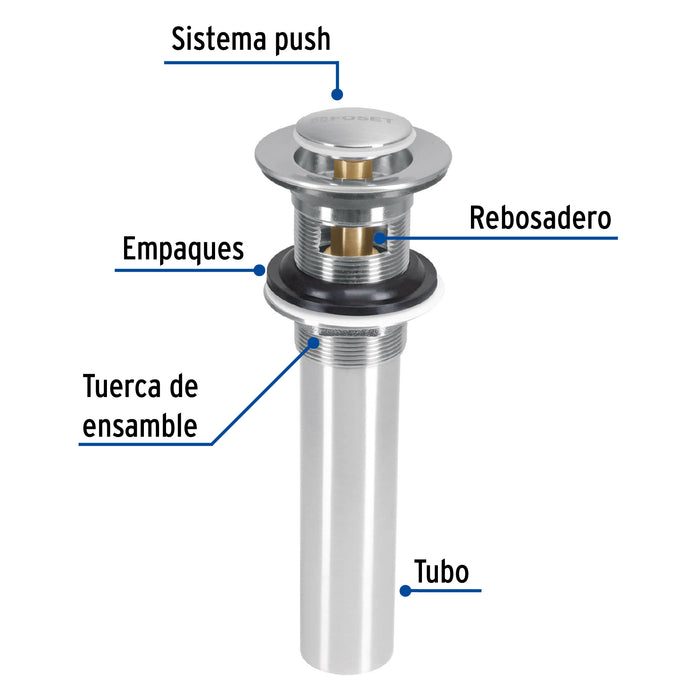 Contra p/lavabo con rebosadero, sistema push, satín, 1-1/4' 45283