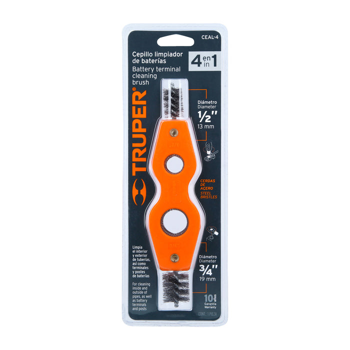 Cepillo limpiador de terminales de baterías, 4 en 1, Truper 17110 CEAL-4