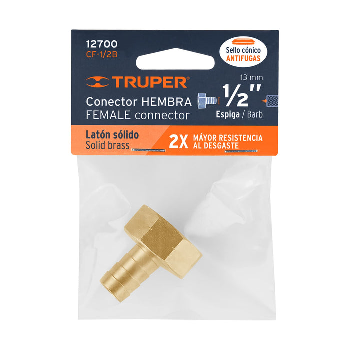 Conector 1/2' hembra de latón sólido para manguera, Truper Código: 12700