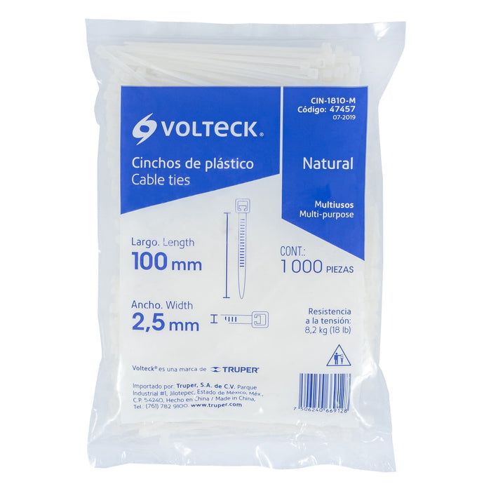 Bolsa con 1000 cinchos plásticos 18lb, 100x2.5 mm, naturales 47457
