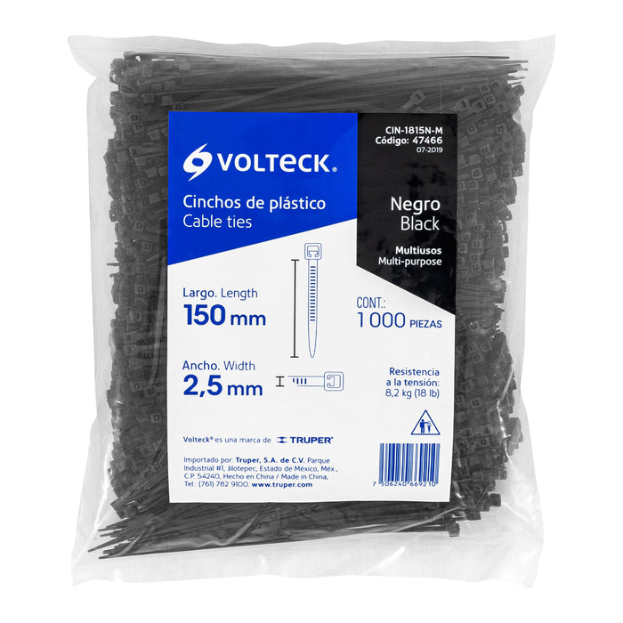 Bolsa con 1000 cinchos plásticos 18 lb, 150x2.5 mm, negros 47466