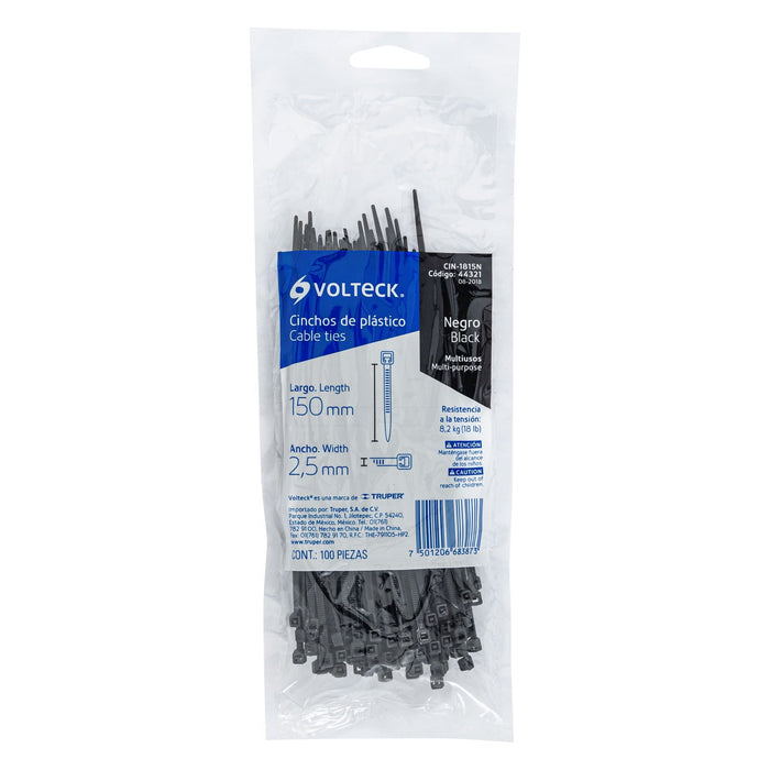 Bolsa con 100 cinchos plásticos 18 lb, 150x2.5 mm, negros 44321