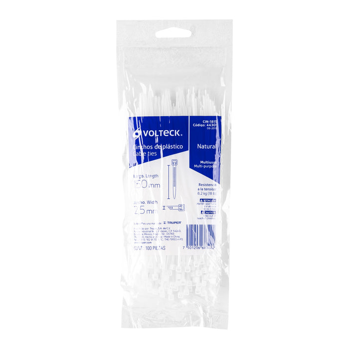 Bolsa con 100 cinchos plásticos 18 lb, 150x2.5 mm, naturales 44301