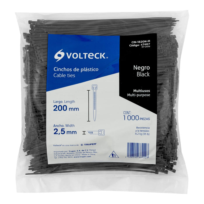 Bolsa con 1000 cinchos plásticos 18 lb, 200x2.5 mm, negros 47467