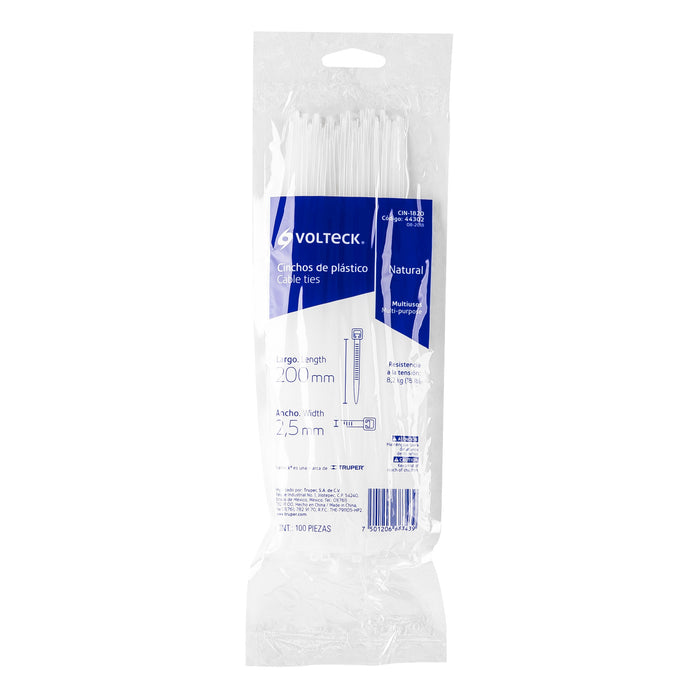 Bolsa con 100 cinchos plásticos 18 lb, 200x2.5 mm, naturales 44302