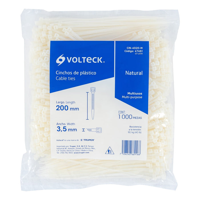 Bolsa con 1000 cinchos plásticos 40lb, 200x3.5 mm, naturales 47461