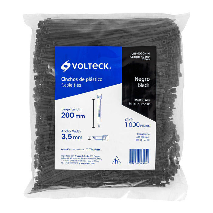 Bolsa con 1000 cinchos plásticos 40 lb, 200x3.5 mm, negros 47469