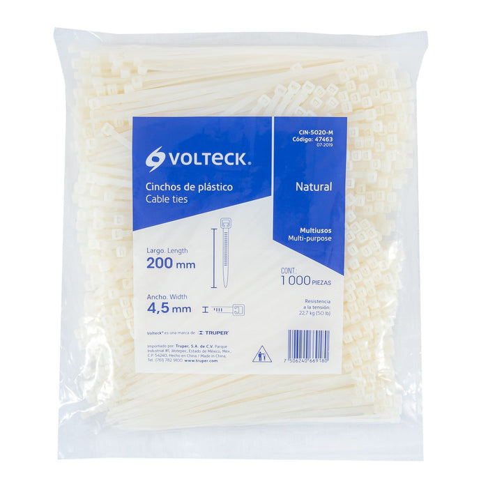 Bolsa con 1000 cinchos plásticos 50lb, 200x4.5 mm, naturales 47463