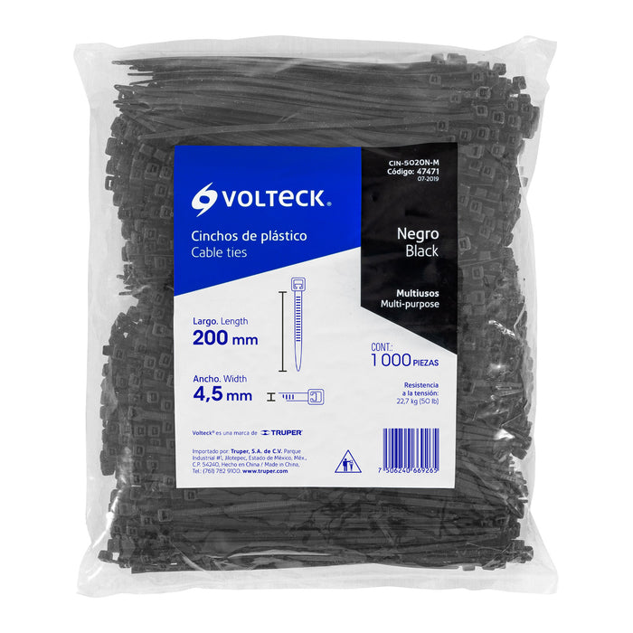 Bolsa con 1000 cinchos plásticos 50 lb, 200x4.5 mm, negros 47471