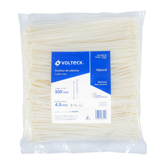 Bolsa con 1000 cinchos plásticos 50lb, 300x4.5 mm, naturales 47464