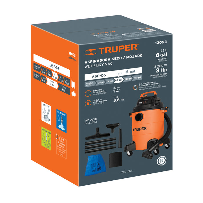 Aspiradora de sólidos y líquidos, 6 gal, plástica, Truper 12092 ASP-06