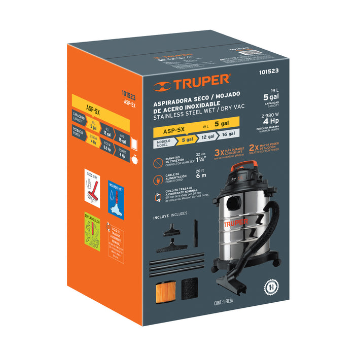 Aspiradora de sólidos y líquidos, 5 gal, acero inox, Truper 101523 ASP-5X