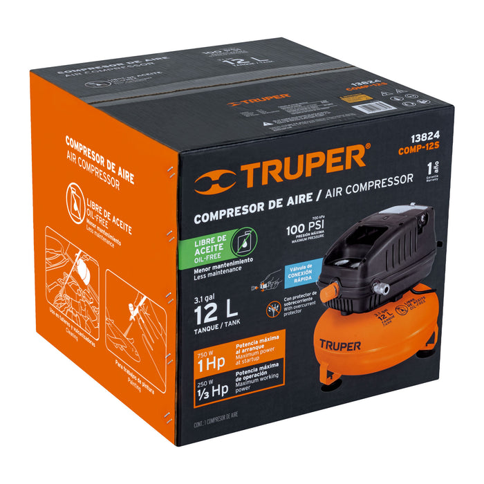 Compresor libre de aceite compacto 12L, 1HP 127V Truper 13824 COMP-12S