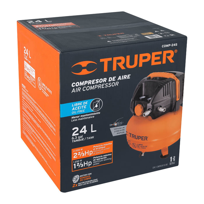 Compresor libre de aceite compacto 24L, 2-2/3HP 127V Truper 13830 COMP-24S