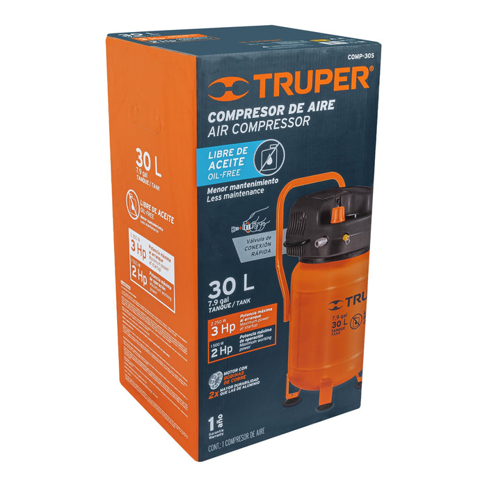 Compresor libre de aceite compacto 30L, 3HP 127V Truper 13836 COMP-30S