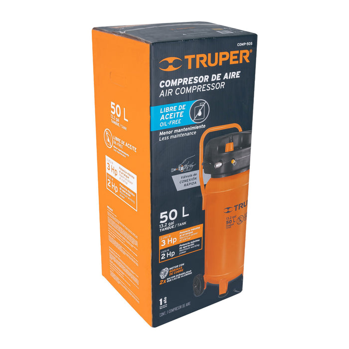 Compresor libre de aceite compacto 50L, 3HP 127V Truper 13847 COMP-50S