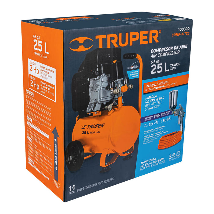 Kit Compresor de aire 25L 3HP, manguera y pistola, Truper 100300 COMP-KIT25