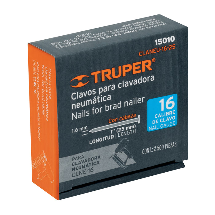 Caja con 2500 clavos calibre 16, 25 mm para CLNE-16, Truper 15010 CLANEU-16-25