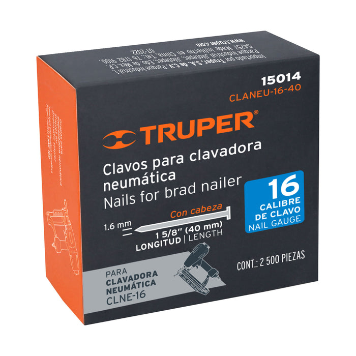 Caja con 2500 clavos calibre 16, 40 mm para CLNE-16, Truper 15014 CLANEU-16-40
