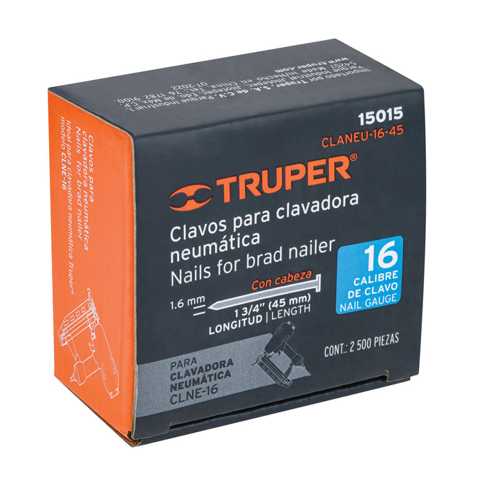 Caja con 2500 clavos calibre 16, 45 mm para CLNE-16, Truper 15015 CLANEU-16-45