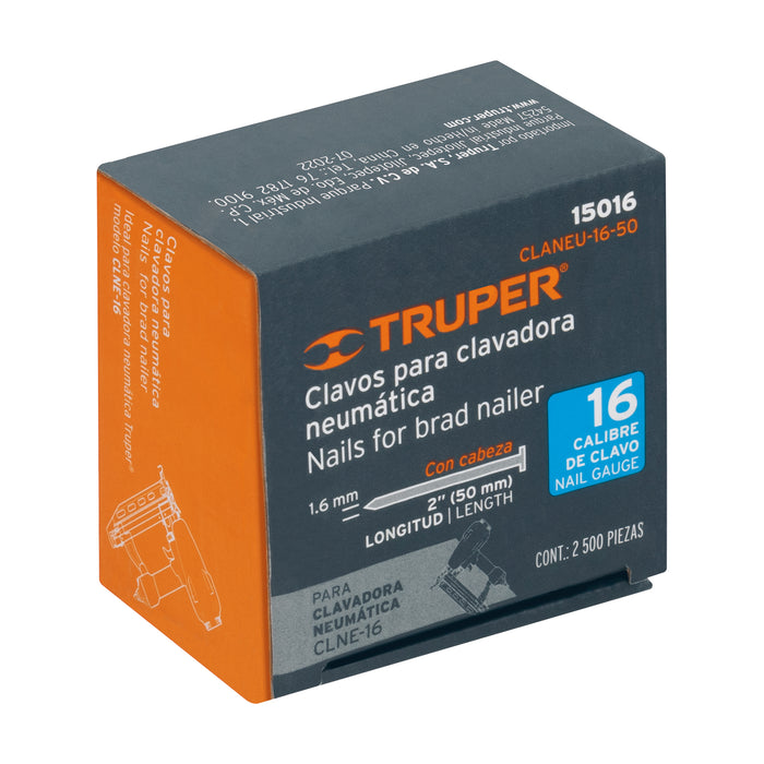 Caja con 2500 clavos calibre 16, 50 mm para CLNE-16, Truper 15016 CLANEU-16-50