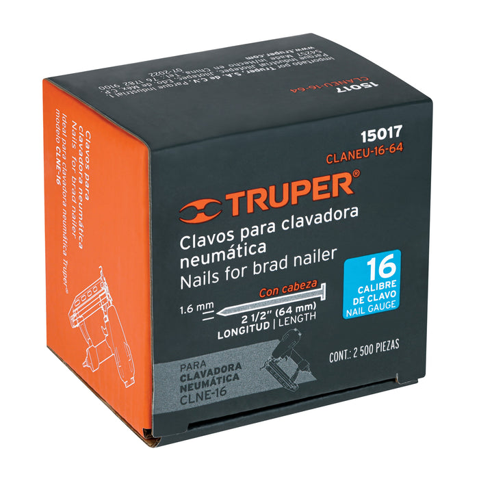 Caja con 2500 clavos calibre 16, 64 mm para CLNE-16, Truper 15017 CLANEU-16-64