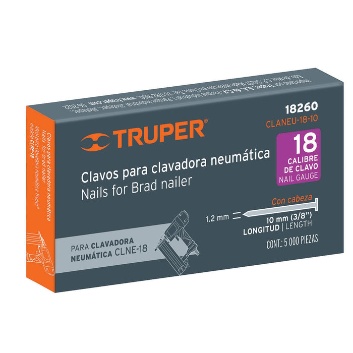 Caja con 5000 clavos calibre 18, 10 mm para CLNE-18, Truper 18260 CLANEU-18-10