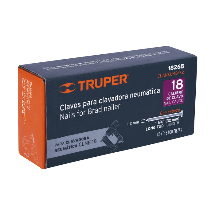 Caja con 5000 clavos calibre 18, 32 mm para CLNE-18, Truper 18265 CLANEU-18-32
